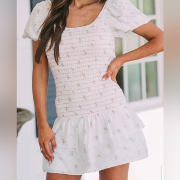 These Three Smocked Flutter Dress- WHITE ORANGE. NWT - Picture 1 of 8